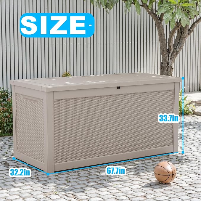 320 Gallon Outdoor Deck Box, Resin Waterproof Storage Box With Lockable Lid, UV-Resistant Multi-Purpose Outdoor Storage Bench for Patio Cushions, Garden Tools, Pool Accessories (Grey)