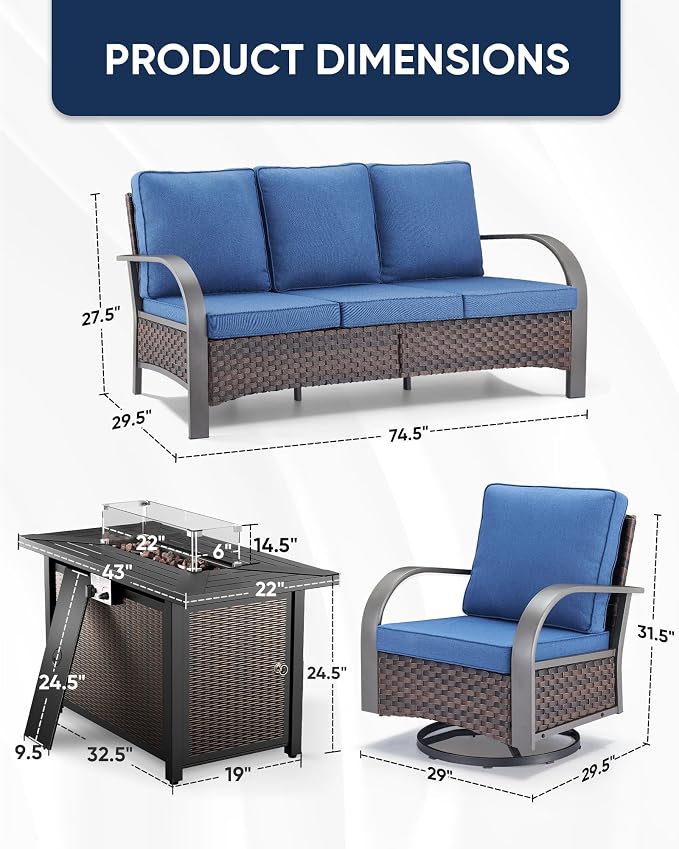 HUMMUH Patio Furniture Set with Fire Pit-Outdoor Swivel Glider Rocking Chair with Patio Sofa Outdoor Conversation Furniture for Deck Porch Garden Poolside Backyard-Brown/Blue