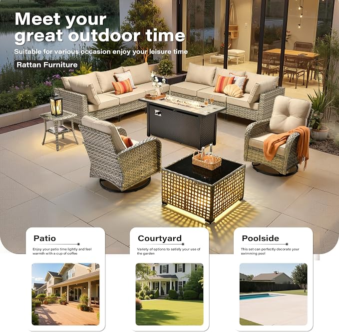 11 Pieces Outdoor Sectional Patio Furniture Set with 54" Fire Pit,Wicker Conversation Sets Rattan L Shaped Couch Swivel Rocking Chairs,Modular Outdoor Sofa for Porch Balcony Backyard Beige