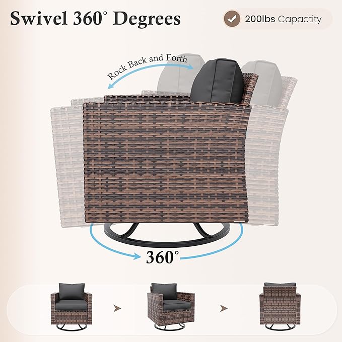 Amopatio Patio Furniture Set, Wicker Outdoor Sectional Sofa with Swivel Rocker Chairs, All-Weather Rattan Conversation Set, Storage Coffee Table, Waterproof Cover for Backyard, Deck Brown/Grey 5 PCS