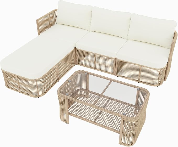 Christopher Knight Home Outdoor Patio Furniture Set, PE Rattan Wicker Conversation Sofa Set with Iron Frame Cushions and Glass Top Coffee Table, Modular Backyard Balcony Seating Set, Dark Beige