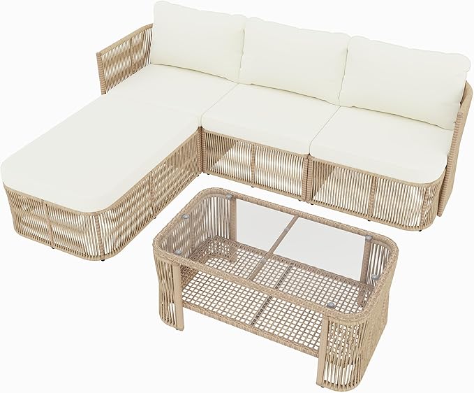 Outdoor PE Rattan Patio Furniture Set Sectional Sofa with Iron Frame, All-Weather Wicker Conversation Set with Thick Cushions and Coffee Table for Garden Backyard Balcony