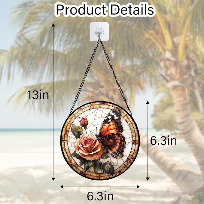 DASTOLL Stained Glass Window Hanging, Butterfly Picking Flowers Suncatcher for Doors Home Sun Catchers Decoration and Christmas, Mother's Day Birthday Gifts for Women, Men, and Mom 6.3 in