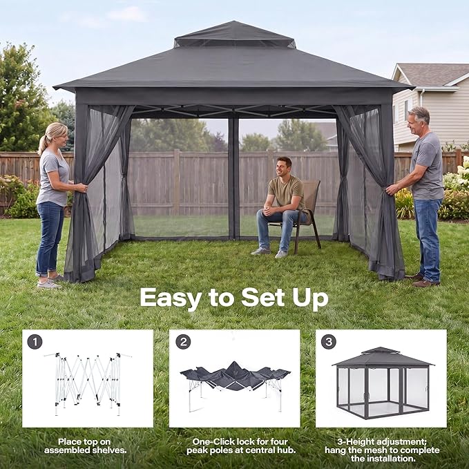 LAUSAINT HOME 12x12 Pop Up Gazebo Canopy Tent with Mosquito Netting, Instant One-Push Setup, Adjustable Height Outdoor Canopy Shelter with Carry Bag for Patio, Backyard, Camping, Parties & BBQs, Gray