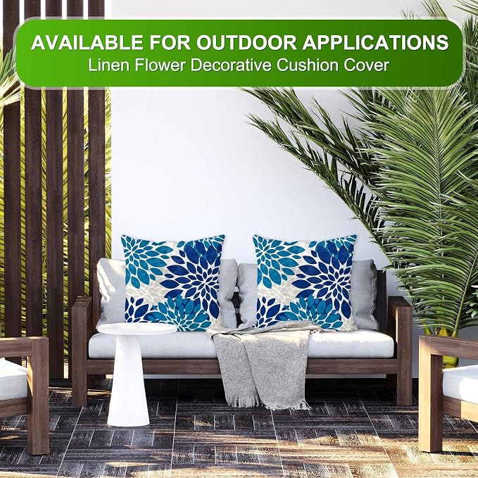 M METERXITY 2-Pack Pillow Cover 17x17 Linen, Blue Green Gray | Water Resistant Floral Decor Slipcover, for Patio, Balcony, Garden, Outdoor Pillow Case