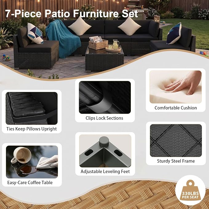 KIGOTY 7-Piece Patio Furniture Set, All-Weather PE Rattan Outdoor Sectional Sofa, Modular Wicker Conversation Set with Thick Washable & Easy-Clean Coffee Table（Black/Black-X）