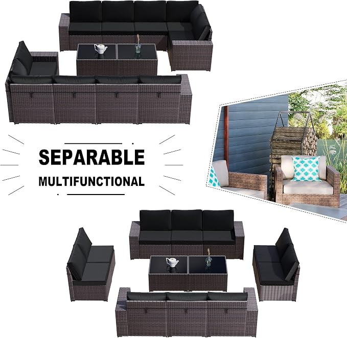 Kullavik Outdoor Patio Furniture Set,12 Pieces Sectional Rattan Sofa Set Brown PE Rattan Wicker Patio Conversation Set with 10 Seat Cushions and 2 Tempered Glass Coffee Table,Black