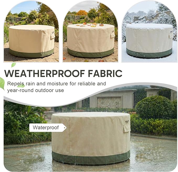 COWVIE Round Patio Dining Set Cover for Outdoor Table and Chairs, 600D Waterproof and UV-Resistant Fabric Patio Furniture Cover with Storage and Air Vent, 120''Dia x 32''H