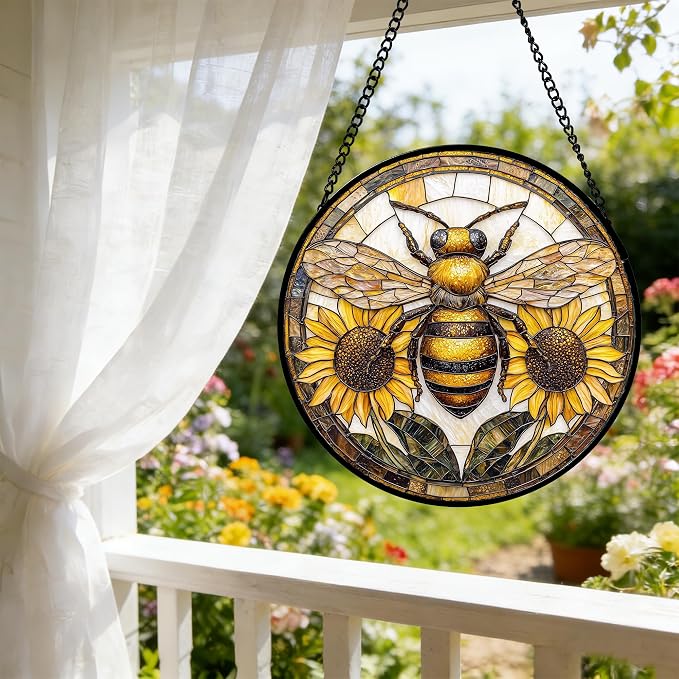 DASTOLL Stained Glass Window Hanging - Bee Sunflower Yellow Suncatcher Ready to Hang Window Doors Home Decoration and Christmas, Mother's Day Birthday Gifts for Women, Men, and Mom 14.9x14.9 in