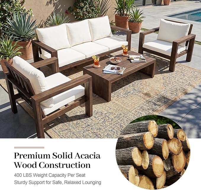 4 Pieces Patio Sofa Set Outdoor Seating Group 5-Person Sofa Set Outdoor Conversation Set with Cushions and a Coffee Table for Garden, Backyard,Balcony,Poolside (Mocha#50)