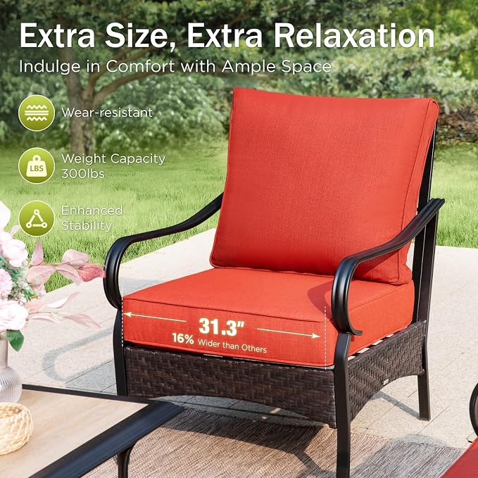 PHI VILLA Patio Furniture Set, Extra Large Wicker & Metal Outdoor Conversation Set Patio Sectional Sofa Set with Fixed Chair & Waterproof Thick Cushions for Porch, Poolside, Deck(7 Pieces, Red)