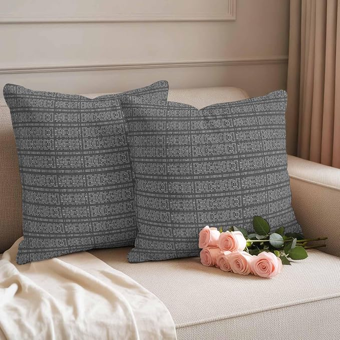 Outdoor Waterproof Throw Pillow Covers Set of 2 Grey Stripes Grain Pillowcases 16x16 Inches Solid Color Decorative Pillows Cushion Case Patio Pillows for Couch Bed Chair Garden