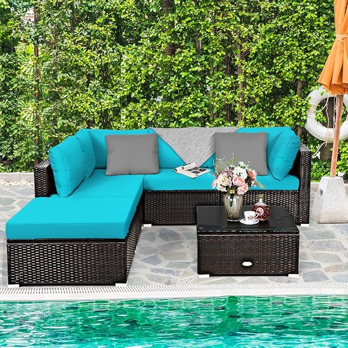 COSTWAY 6-Piece Outdoor Patio Furniture Set, Rattan Sectional Sofa Set with Tempered Glass Coffee Table, Cushions and Ottoman for Garden, Deck, Backyard (Turquoise)