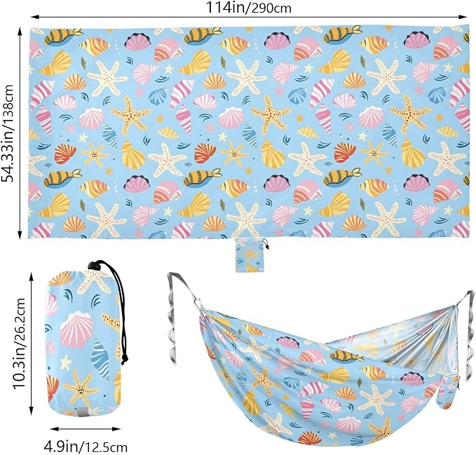 Camping Hammock Outdoor Hammocks for Outside Hand Drawn Sea Shells Beach Trees Portable Lightweight with Pockets Tree Straps Indoor