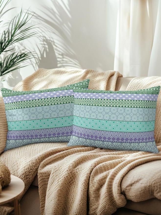 Waterproof Outdoor Pillow Set of 2 Turquoise Bohemian Decorative Throw Pillows Cover & Insert 20x12 Inch Lumbar Pillowcase Boho Style Floral Leaves Geometric Pillows for Couch Sofa Bed Patio Furniture
