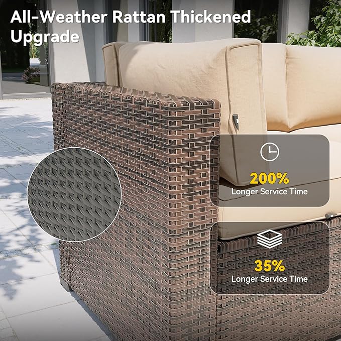 Aoxun Patio Furniture Set with Fire Pit Table, 8 Piece Outdoor Sectional Sofas, Wicker Outdoor Furniture with Thickened Cushion for Backyard, Garden (Brown Rattan Beige Cushions)