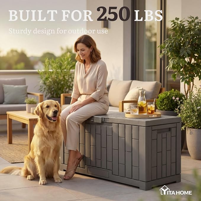 YITAHOME 60 Gallon Outdoor Storage Box, Waterproof Resin Deck Box with Slide-Locking Lid, Patio Storage Bin and Bench Seat for Patio Furniture, Garden Tools and Pool Accessories, Light Brown