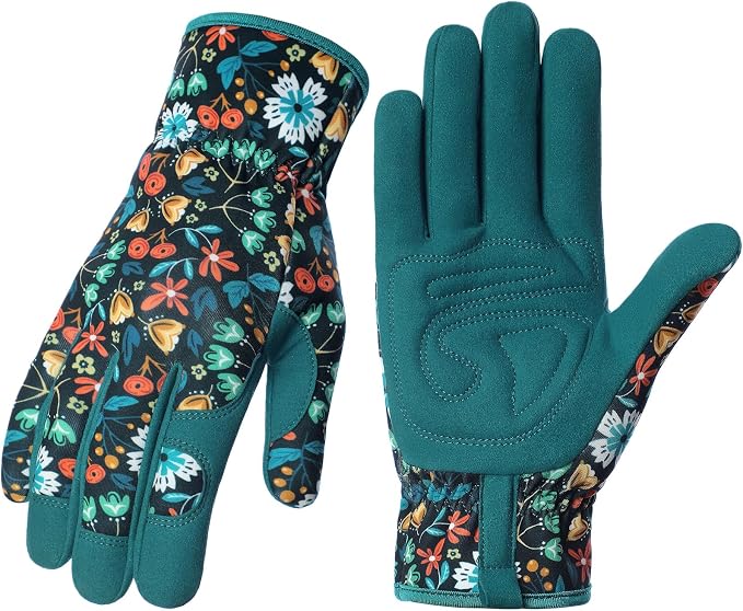 Tavaleu Gardening Gloves for Women Thorn Proof Puncture Resistant Leather | Breathable Microfiber Leather, Double-Layer Padded Palm, Ergonomic Fit, Elastic Wrist, Floral Pattern, Yard Working Gloves