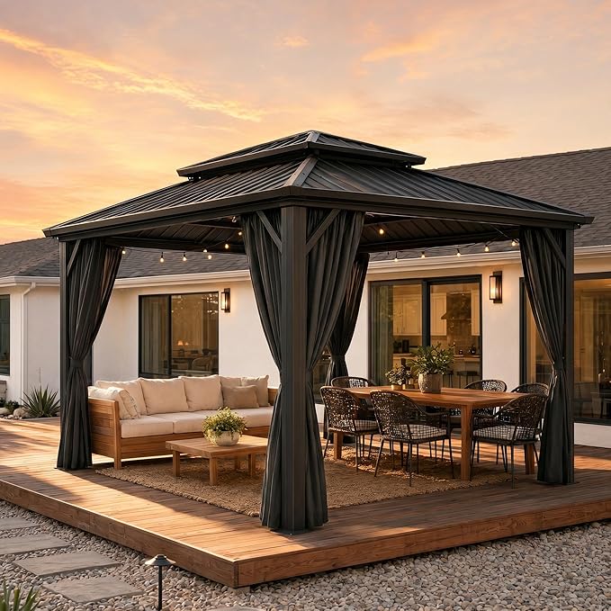HOTEEL 10x12 Hardtop Gazebo On Clearance with Galvanized Steel Double Roof,Heavy Duty Gazebo with Flame-Retardant Curtain & Netting, Aluminum Frame Outdoor Canopy for Patio, Party, Black