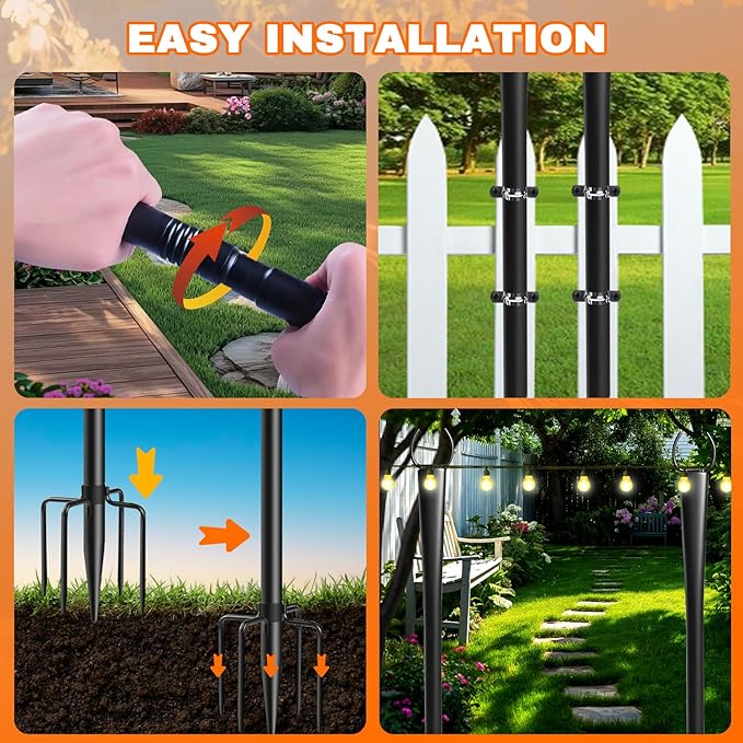4 Pack 10Ft String Light Poles, Metal Poles with Fork for Outside Lights,Outdoor Metal Light Stand with Fence Brackets Hanging Lights for Garden Patio Wedding Backyard