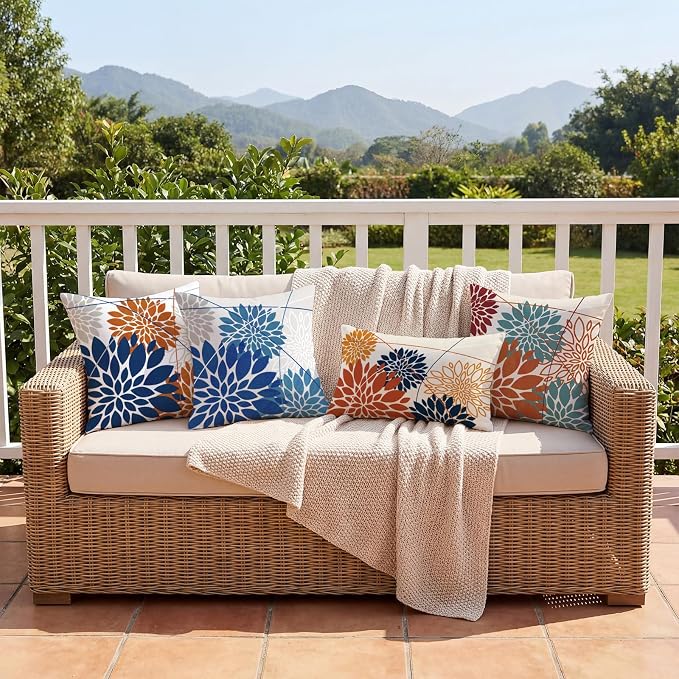 OTOSTAR Outdoor Blue Pillow Covers 20x20 Inch Set of 2 Beige White Flower Throw Pillows Farmhouse Geometric Dahlia Floral Square Cushion Case Waterproof Decor for Sofa Patio Funiture Garden