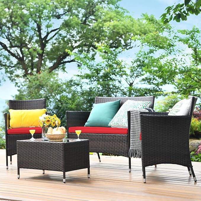 COSTWAY 4PCS Rattan Patio Furniture Set | Outdoor Wicker Rattan Chairs with Coffee Table, Rattan Cushioned Conversation Set for Backyard Balcony Porch Poolside, Red