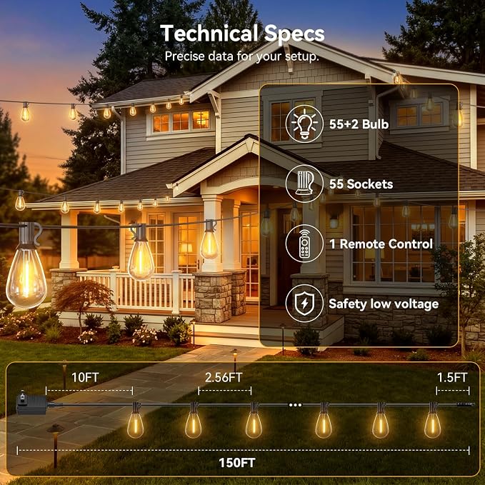 150FT Outdoor String Lights with Remote, Waterproof Patio Lights with 55+2 Shatterproof LED Bulbs,Dimmable Hanging Decor for Backyard Garden Porch Bistro, Timer & 3 Modes,2700K Warm White