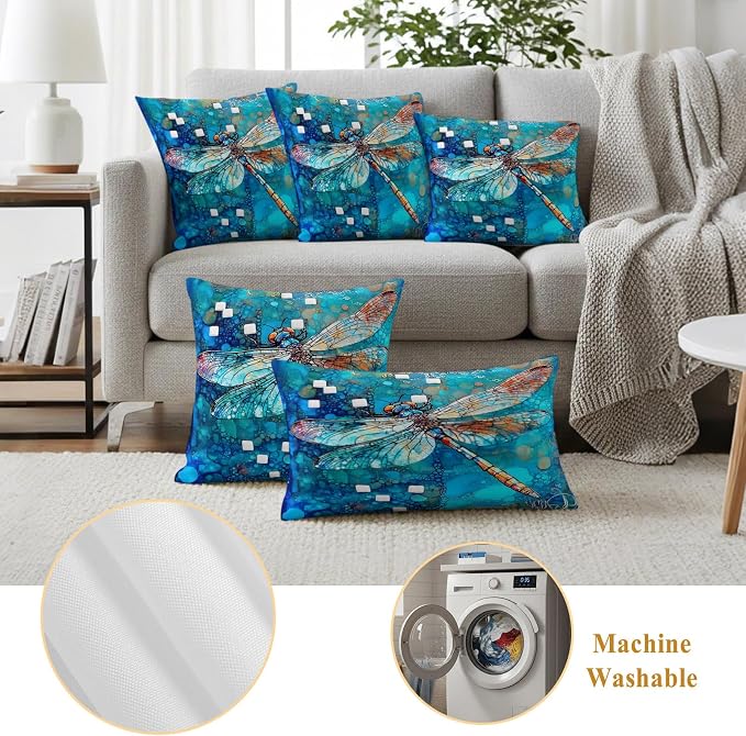 Blue Dragonfly Outdoor Pillow Covers Set of 2 Country Vintage Watercolor Dragonfly Wings Waterproof Throw Pillow Cover Decorative Cushion Cases for Patio Porch Garden 20X20 Inch