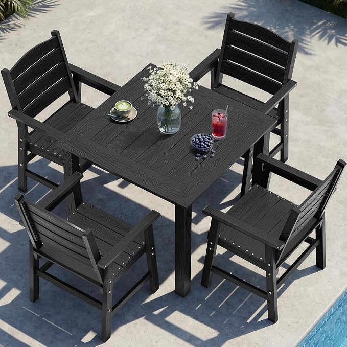 YEFU 5-Piece Outdoor Dining Set：Modern All-Weather Plastic Patio Dining Sets, Waterproof Easy-Clean Outdoor Table and Chairs - HIPS Square Furniture for Garden Poolside Backyard Deck（Black）