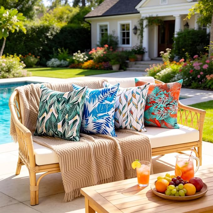 Outdoor Waterproof Pillow Covers Summer Decorative Throw Pillow Covers Tropical Leaf Couch Covers 20x20 Set of 2 Square Outdoor Floral Cushion Cases for Patio Furniture Garden Tent Balcony Bench