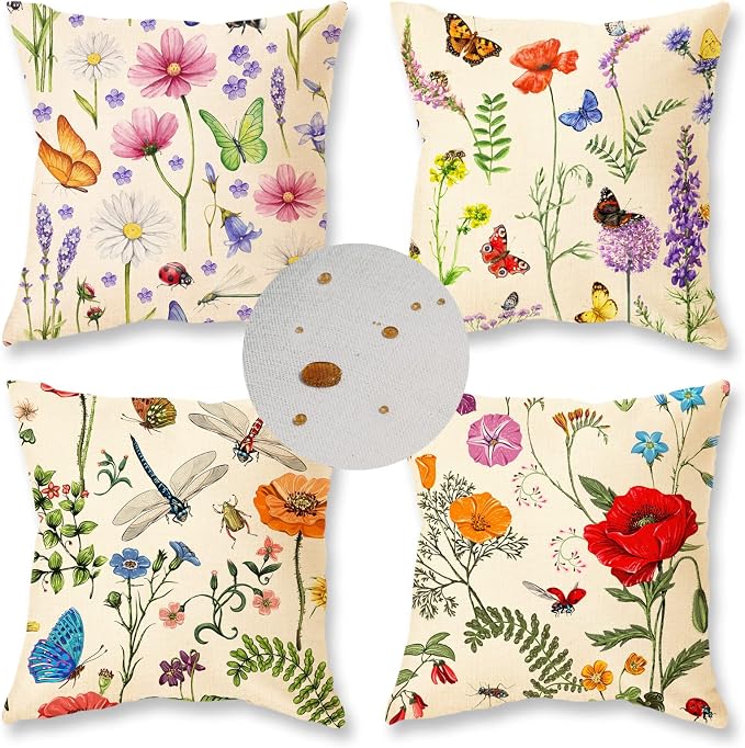 ONWAY Spring Summer Outdoor Waterproof Pillow Covers 20x20 Inch Set of 4 Floral Farmhouse Throw Pillows Decorative Cushion Cases for Outdoor Couch Sofa Patio Furniture Home Decoration