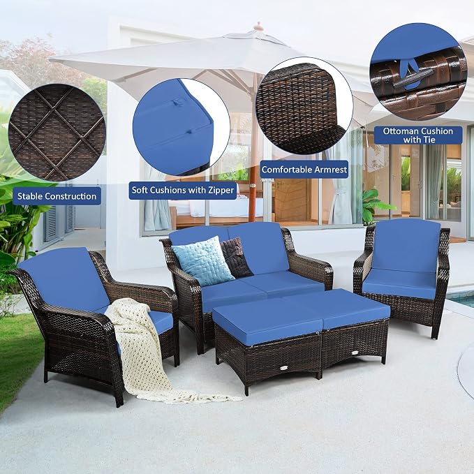 COSTWAY 5PCS Patio Wicker Rattan Furniture Set, Loveseat Sofa with Ottomans and Cushioned Chairs, Conversation Sets for Outdoor Garden Backyard