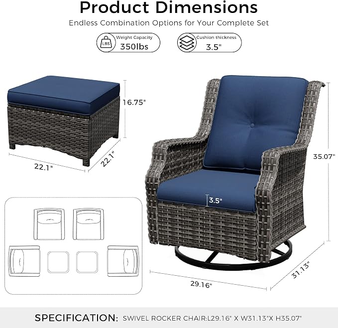 Outdoor Patio Furniture Set, 6 Piece Wicker Patio Furniture with Thick Cushions, Curved Armrest, Deep Seating, Outdoor Swivel Rocker Chairs for Porch, Deck, Balcony