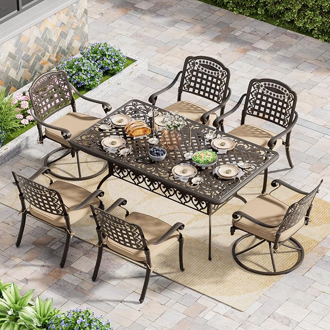 Grepatio 7 Piece Cast Aluminum Outdoor Dining Set, Patio Furniture Set with 2“ Umbrella Hole and 4 Chair & 2 Swivel Chairs with Cushions, Dining Furniture Set for Porch Poolside Garden (Khaki Grid)