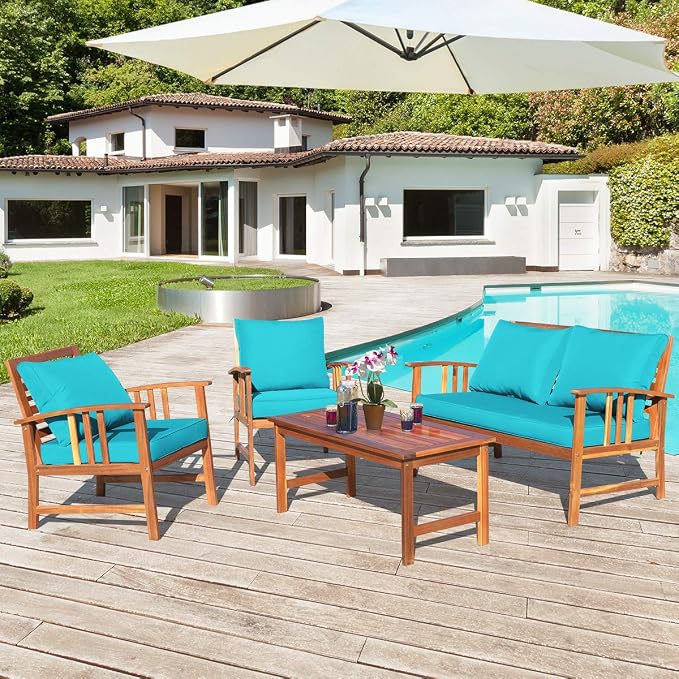 Tangkula 8 Pieces Acacia Wood Patio Furniture, Outdoor Seating Chat Set w/Gray Cushions & Back Pillow, Conversation Set w/Coffee Table for Garden, Backyard, Poolside