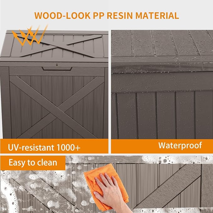 Vixzen 32 Gallon Outdoor Deck Box, Lockable Waterproof Storage Box, UV Resistant, Weather Resistance, Resin Outside Storage Bin for Gardening Tools, Pool Supplies (Grey, 32 Gallon)