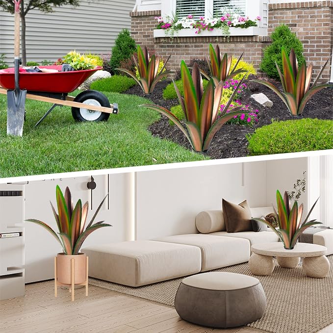 TOMBABY Enlarge Thickened Wind Resistant Metal Agave Garden Art Plant Country Sculpture Statue Outdoor Decoration Courtyard Lawn Ornament Gift (12 Leaves Green 1 pcs)
