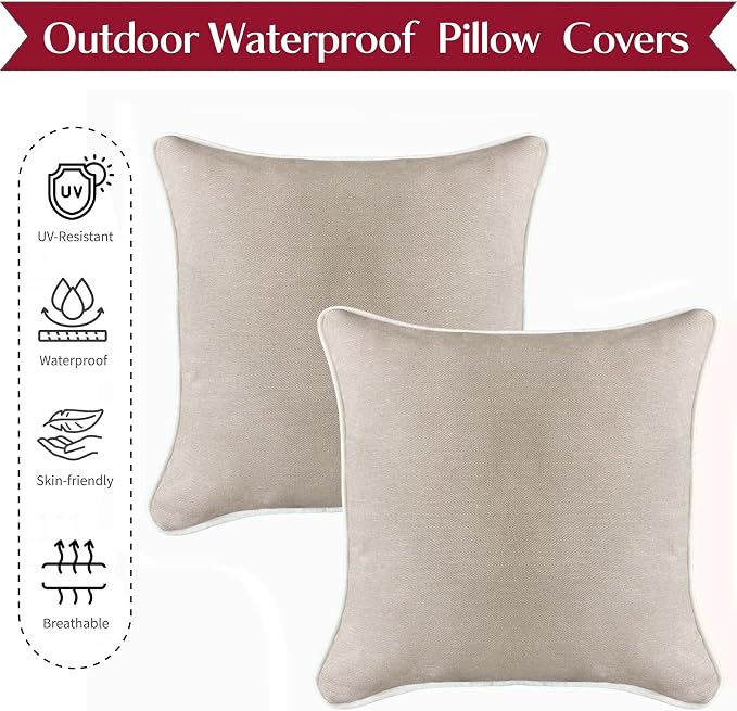 HER HWA Outdoor Throw Pillow Covers White Piping 18"x18" Set of 2, Khaki | durable fade-resistant water-resistant 100% polyester white piping smooth zipper machine washable for indoor outdoor décor