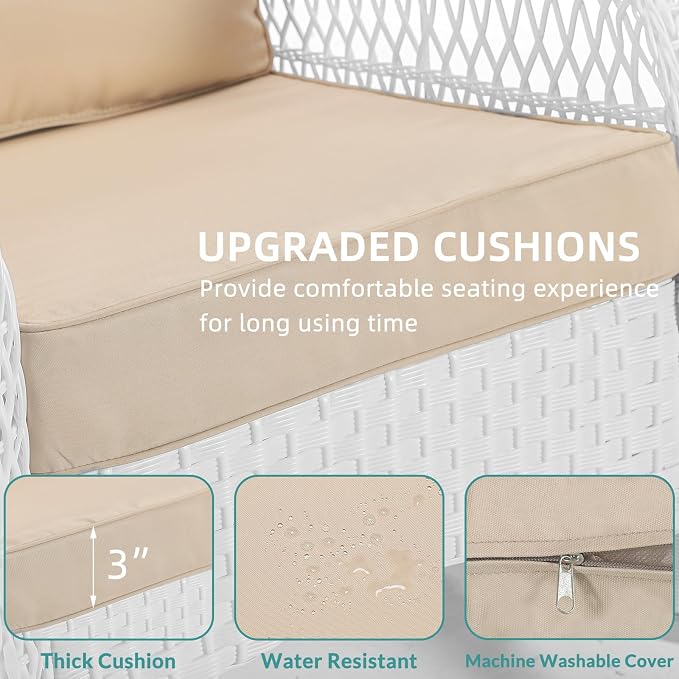 MEETWARM 5 Pieces Outdoor Patio Rattan Furniture Sets, All Weather Patio Wicker Conversation Set - 2 Rocking Swivel Chairs 1 Rattan Loveseat Glider with Cushions, 2 Coffee Table, White Wicker/Beige