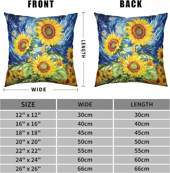 Sunflower Pillow Covers 24x24 Set of 2 Van Gogh Starry Night Throw Pillow Covers Oil Painting Sunflowers Pillow Case Spring Summer Cotton Linen Cushion Case for Sofa Garden Patio