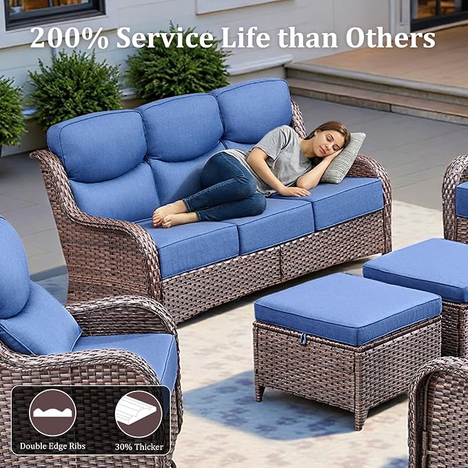 3 Pieces Patio Sofa Set with 6" Thick Cushions, High Back Wicker Sectional Outdoor Sofa with Ottomans, Outdoor Seating Furniture High Back Conversation Set for Balcony Deck Porch Backyard, Brown/Blue