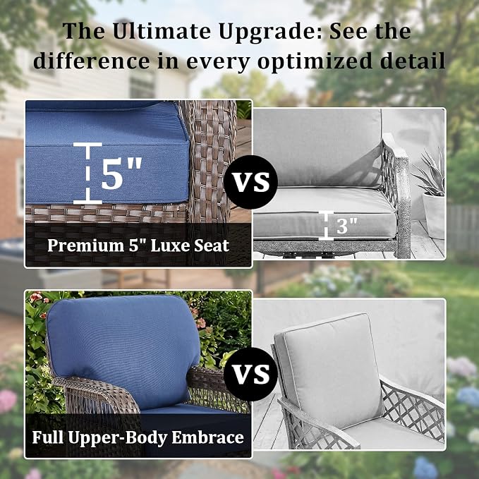 10 PCS Patio Furniture Set Outdoor Sectional Sofa Couch with Rocking Swivel Chairs 5" Deep Seat Chairs, Modern Wicker Rattan Conversation Set, Blue/Brown Wicker