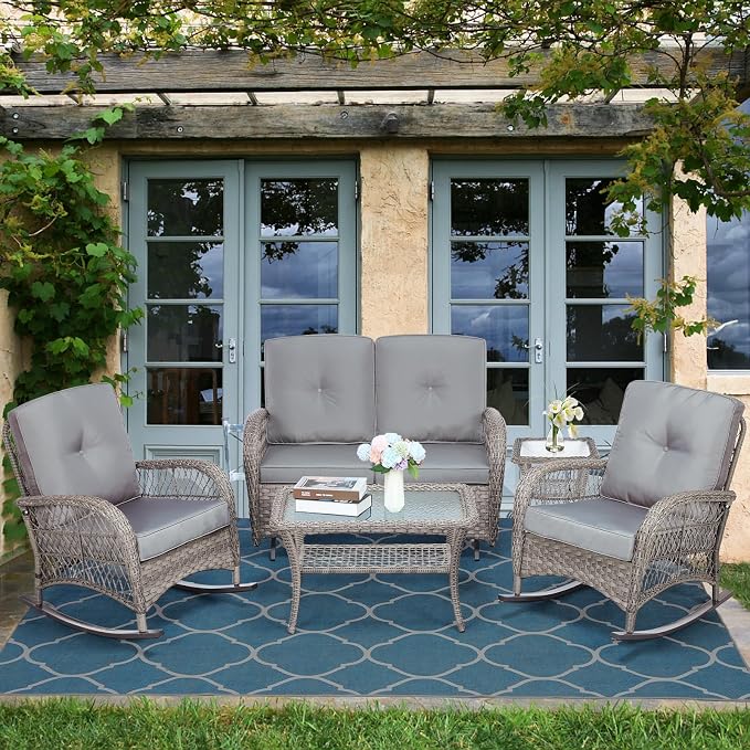 5-Piece Wicker Patio Furniture Sets Outdoor All-Weather Rattan Conversation Set Includes Glider Loveseat, 2 Glass-Top Coffee Tables, 2 Rocking Chairs for Porch Backyard, Gray
