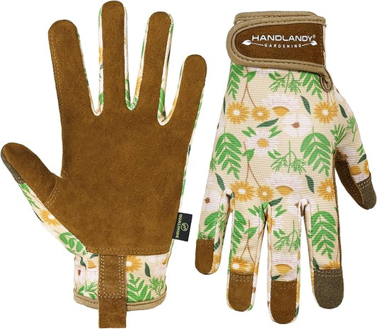 HANDLANDY Gardening Gloves for Women, Leather Garden Glove, Gardener Gift | Breathable Floral Ladies Leather Garden Yard Gloves, for Trimming, Weeding, Digging, Planting, Pruning