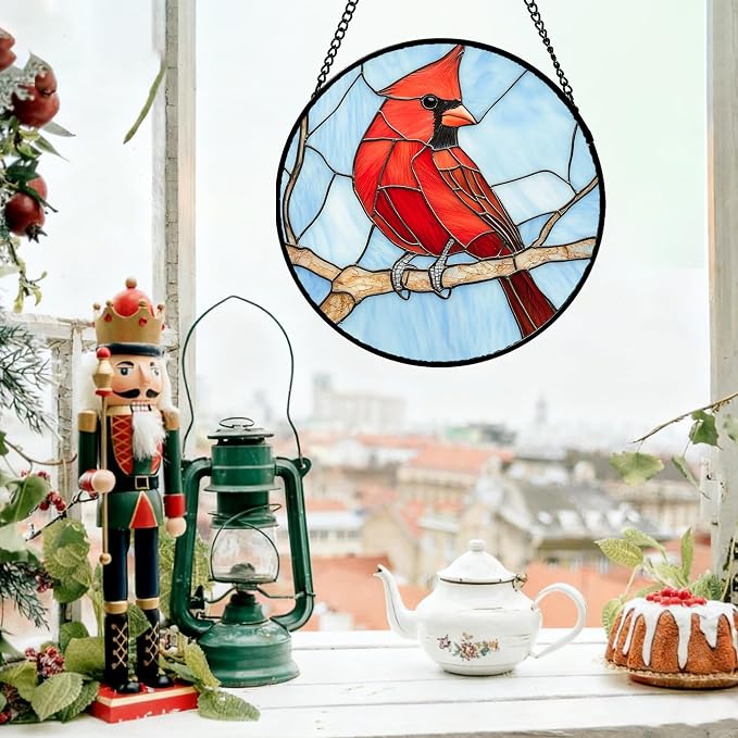 Stained Glass Window Hanging Cardinal Birds 6.3" - Suncatcher Door Garden Sun Catcher Home Decor Christmas Birthday for Bird Lovers Woman Her Nana Wife Men Mom