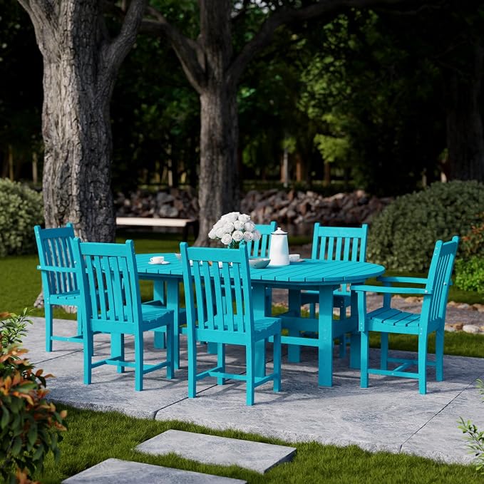 Wildridge Classic 7-Piece 44"x84" Dining Set, Aruba Blue - Outdoor Weather Resistant Recycled Plastic Furniture for Patio