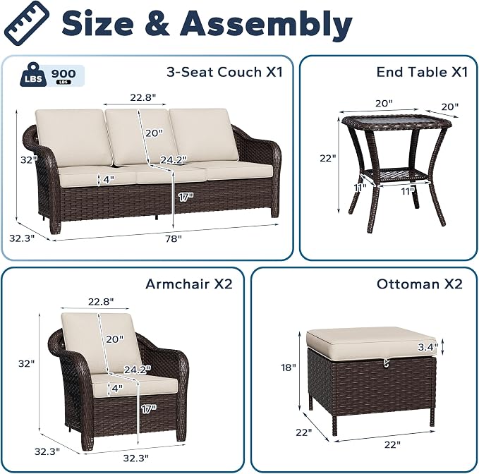 6 PCS Outdoor Conversation Set | 78" Couch, 2 Chairs, 1 Side Table, 2 Ottomans, Patio Wicker Conversation Furniture with Removable Cushions for Bistro, Deck, Sunroom (Beige)