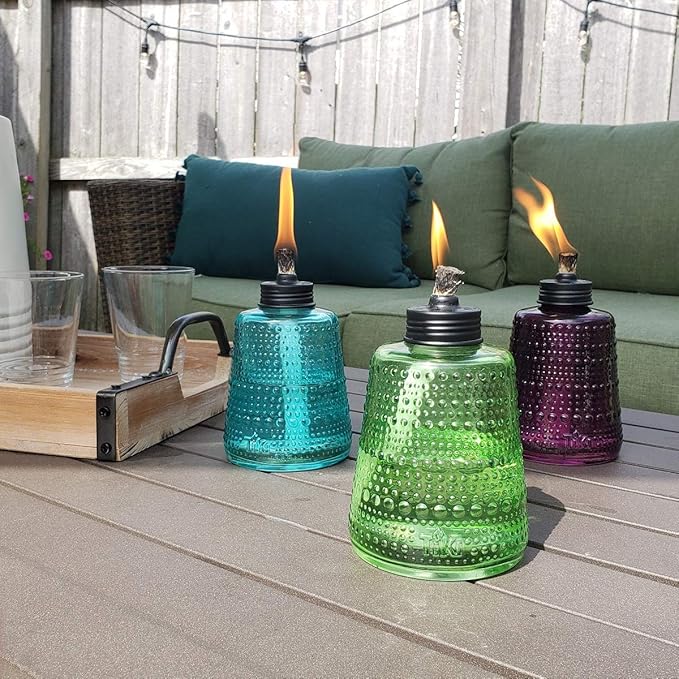 TIKI Carnival Glass Tabletop Torches, 3-Pack – Decorative Outdoor Tabletop TIKI Torches for Patio, Backyard & Garden – Portable Glass Flame Torches for Outdoor Lighting, Blue, Green & Purple, 6-Inch