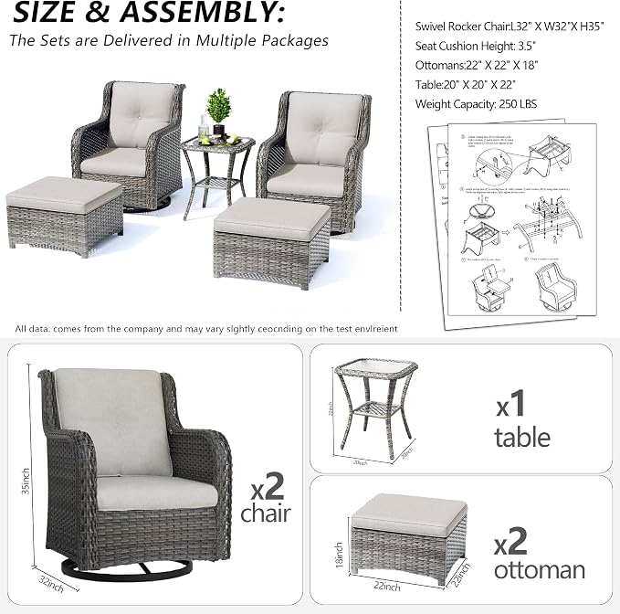 5 Piece Outdoor Patio Furniture Set Wicker Conversation Bistro Set Swivel Rocking Chairs with Side Table and Ottomans for Backyard, Porch, Deck(Mixed Grey/Beige)