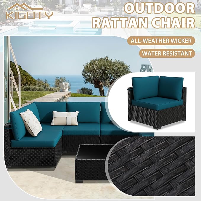 KIGOTY 7-Piece Patio Furniture Set, All-Weather PE Rattan Outdoor Sectional Sofa, Modular Wicker Conversation Set with Thick Cushions & Easy-Clean Coffee Table（Black/Blue）